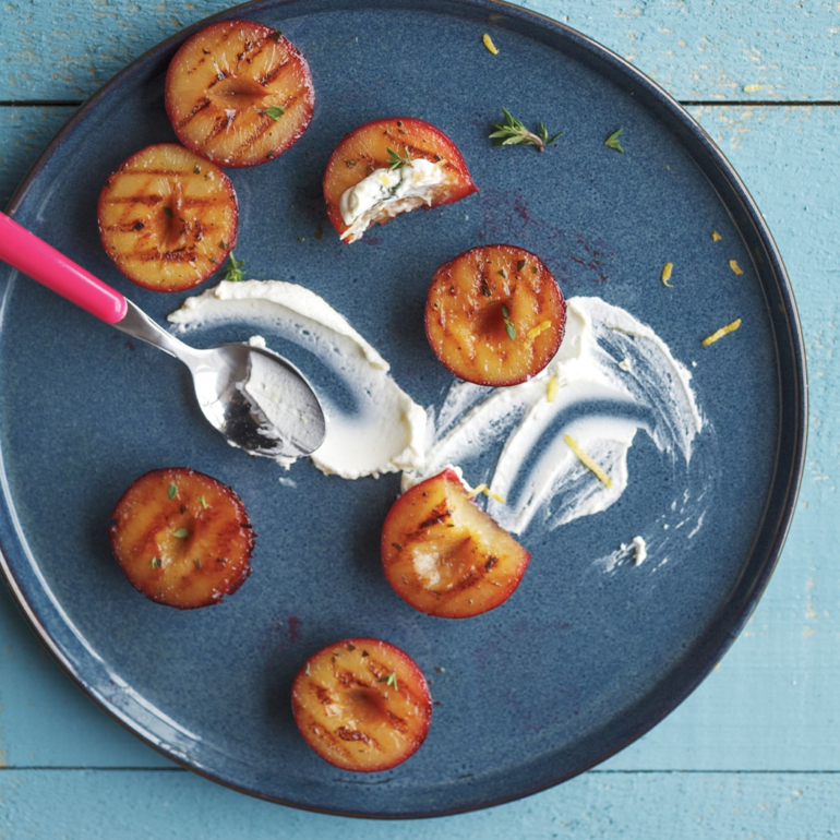 Barbecued plums with lemon mascarpone