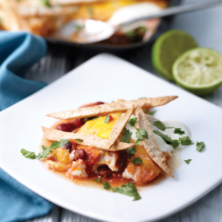 Baked Mexican eggs with tortilla topping