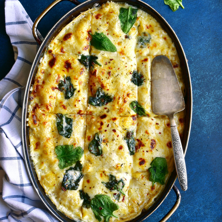 Chestnut mushroom, spinach and blue cheese lasagne