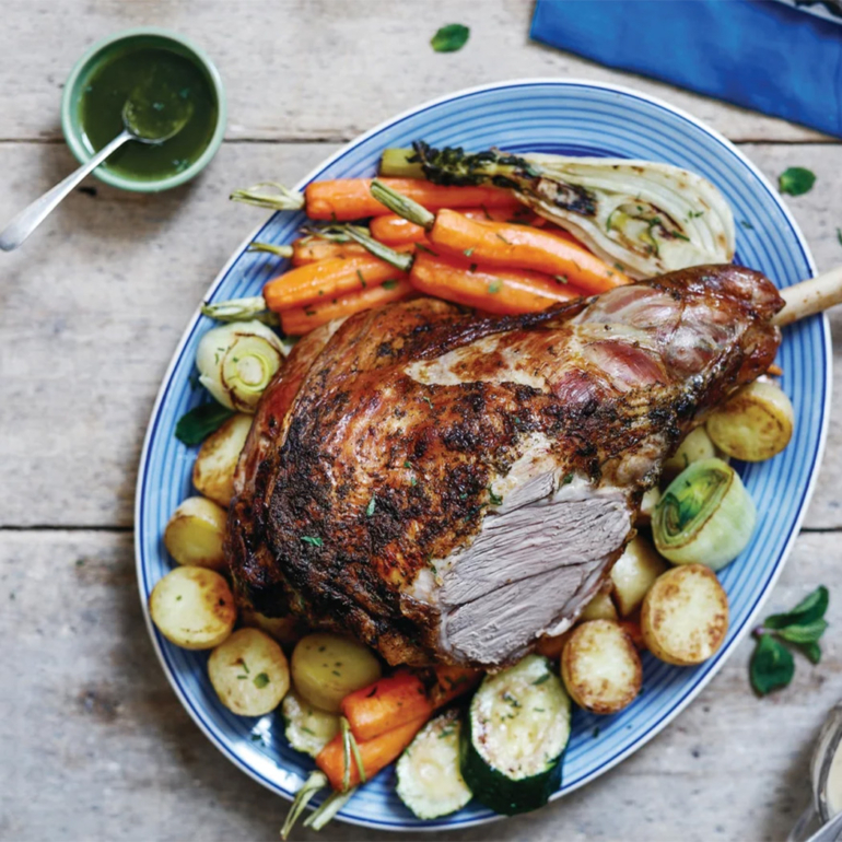Easter lamb with roast spring vegetables