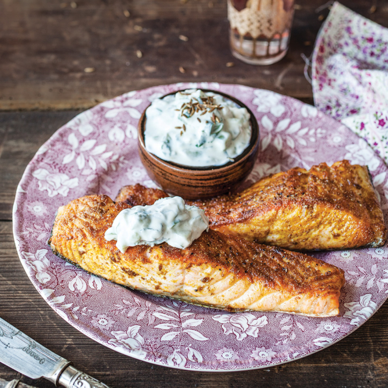 Indian-spiced salmon fillets with raita
