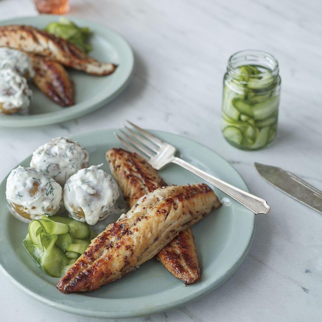 Honey-glazed mackerel with pickled cucumbers and Danish potatoes | easyFood