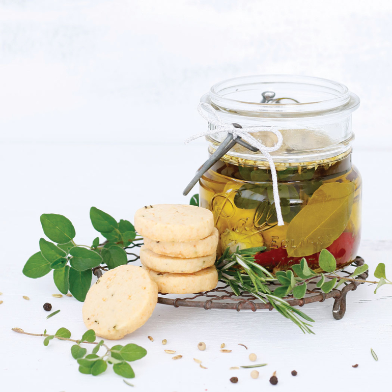 Marinated goat’s cheese with Parmesan crackers