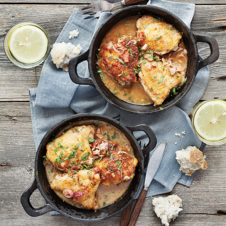 One-pan chicken with bacon and white wine sauce