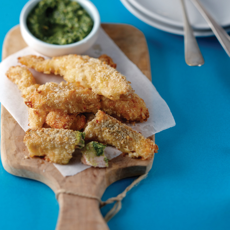 Parmesan salmon fingers with spinach pesto