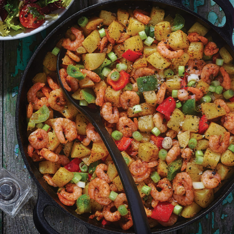 Prawns with Spring Onions and Crispy Potatoes