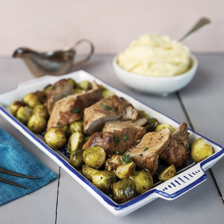 Pork fillet with roasted Brussels sprouts