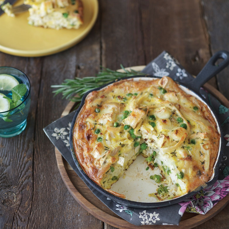 Roast chicken, pea and Brie frittata