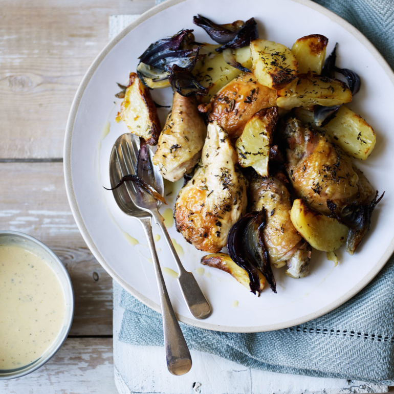 Roast chicken pieces with lemon and herb aioli