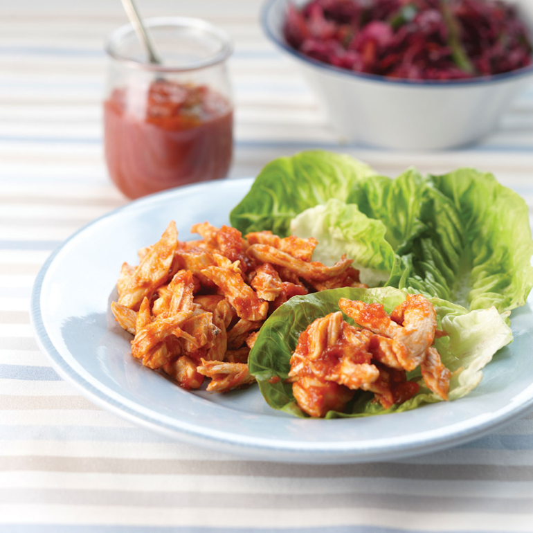 Shredded BBQ chicken with red cabbage slaw