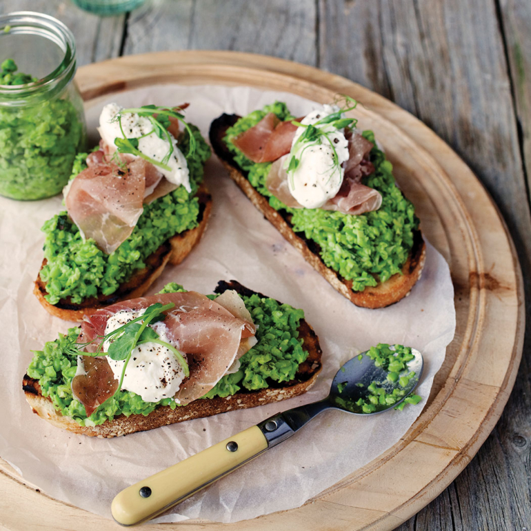 Smashed pea toasts with prosciutto and cheese curds