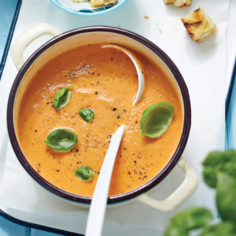 Tomato and basil soup with Caprese croutons
