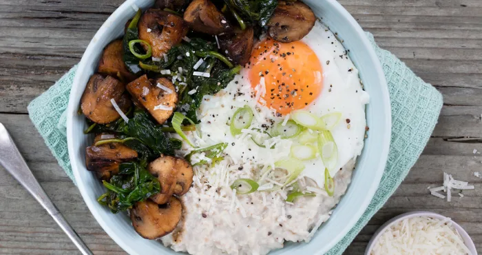 Kilbeggan organic porridge with mushrooms, eggs and greens Easy Food