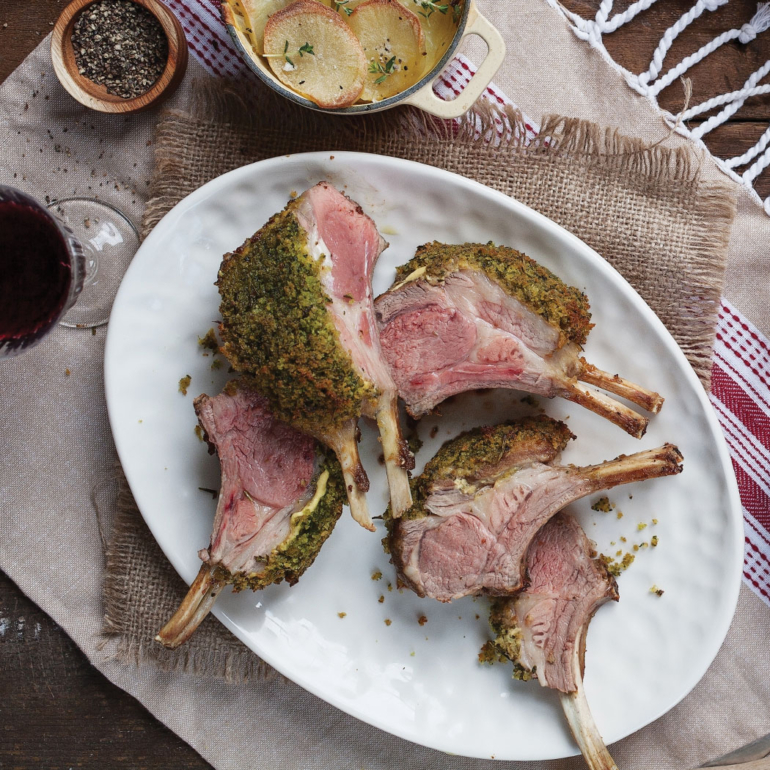 Herbed rack of lamb with pommes Boulangère