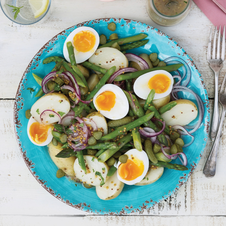 Honey-mustard potato salad with soft-boiled eggs and asparagus