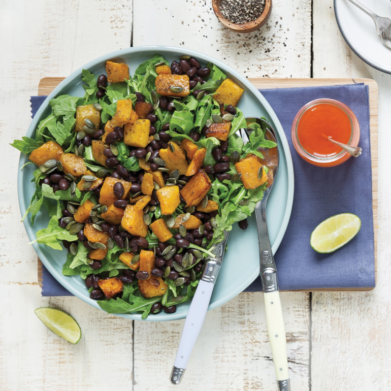 Roast butternut squash and black bean salad with chilli-lime dressing