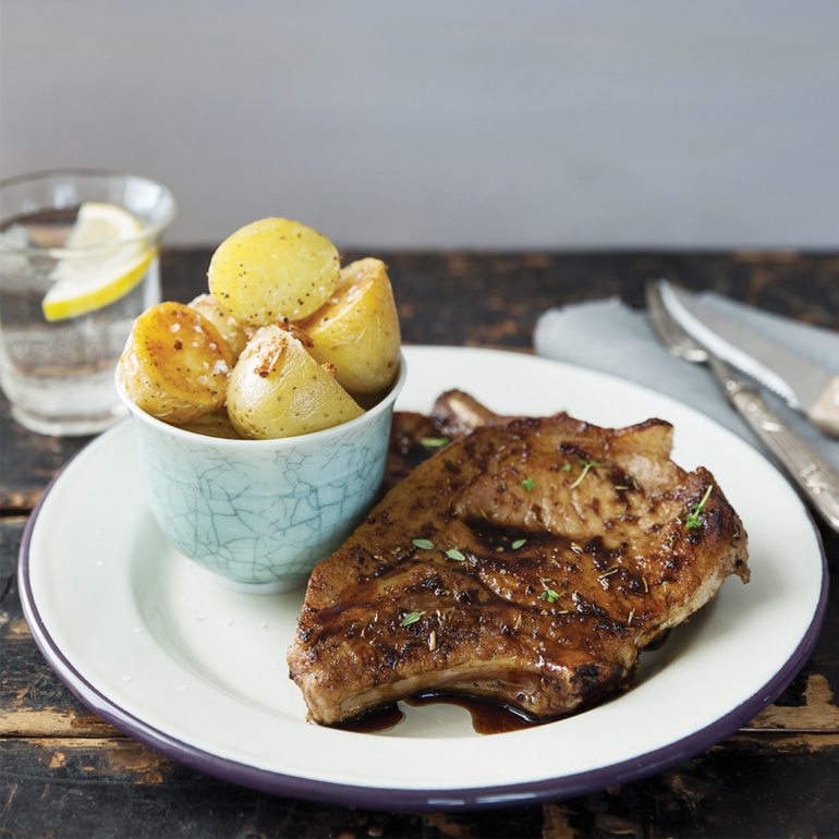 Sweet and sour pork chops with roasted garlic potatoes