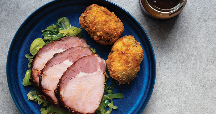 BACON WITH MUSTARD MARMALADE GLAZE AND CABBAGE CROQUETTES