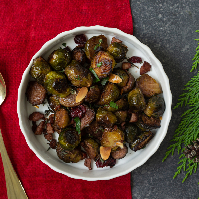 Bacon and mulled wine sprouts with toasted almonds
