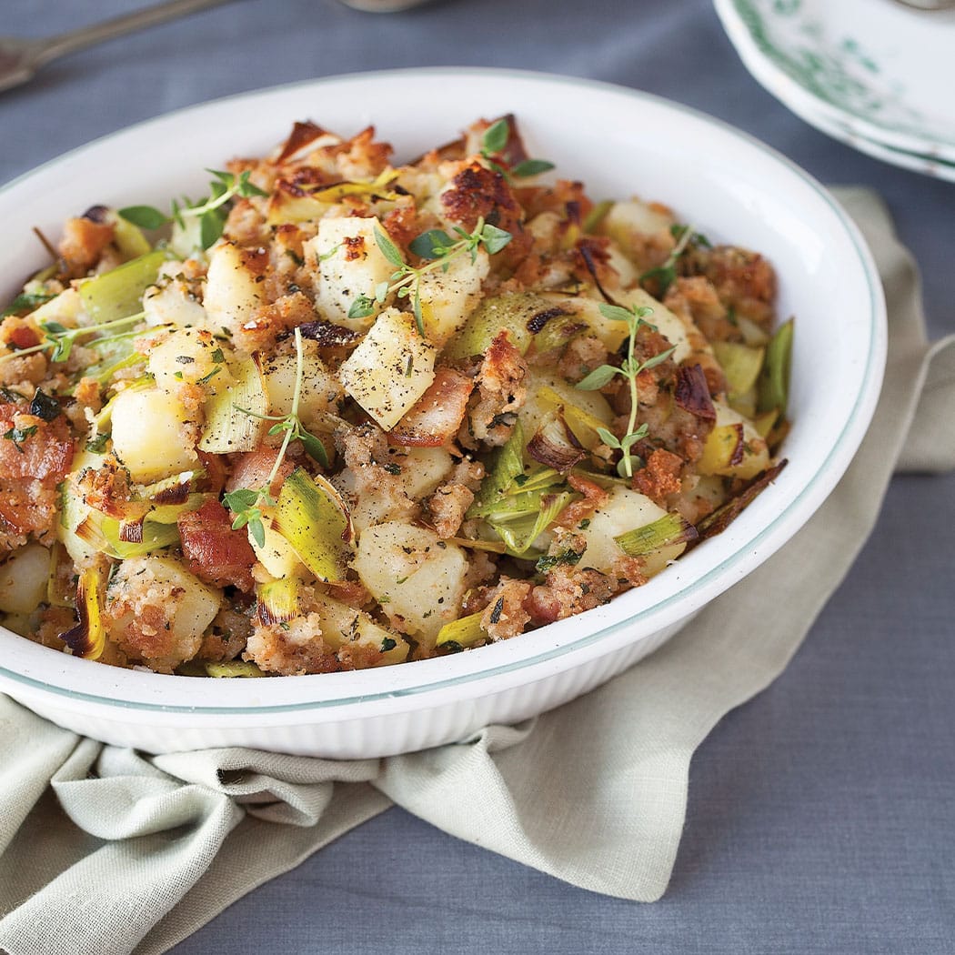 Gluten-free bacon, leek, and herb potato stuffing | easyFood