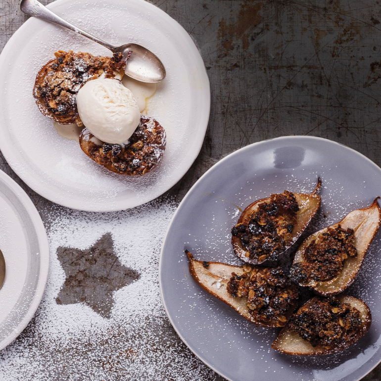 Baked pears with Christmas cake crumble