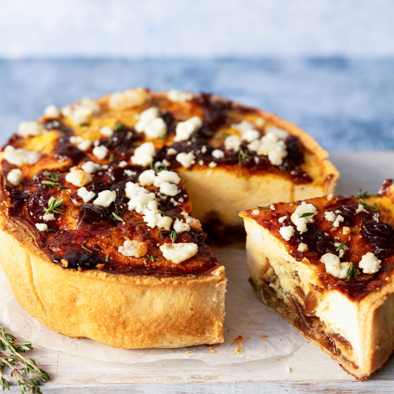 Caramelised onion and goat’s cheese quiche