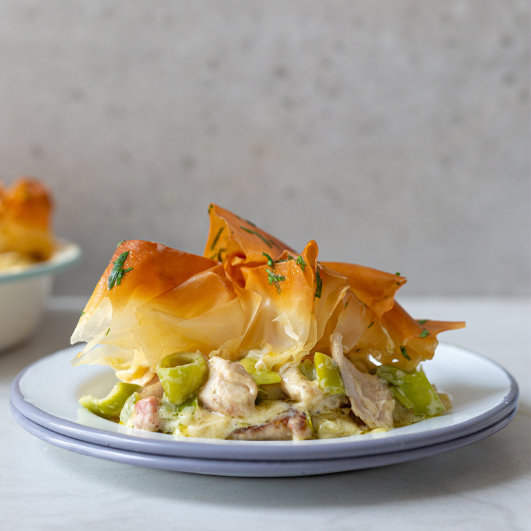 Chicken, leek and bacon pie with a crispy filo pastry topping