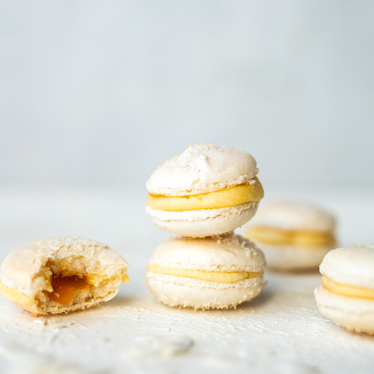 Coconut and passion fruit macarons by Kerrygold