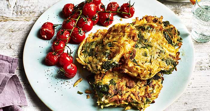 Feta and spinach potato rosti with roasted tomatoes Easy food