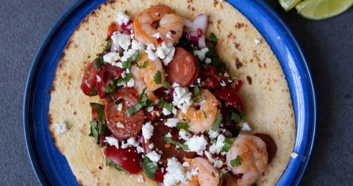 Fiery chorizo and prawn tacos