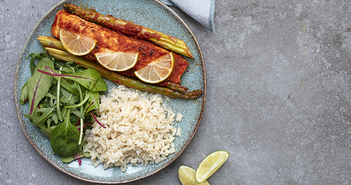 Harissa salmon parcels with coconut rice