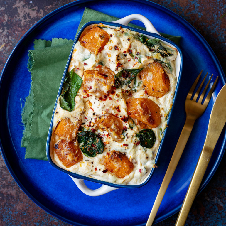 Individual butternut squash and spinach gratins