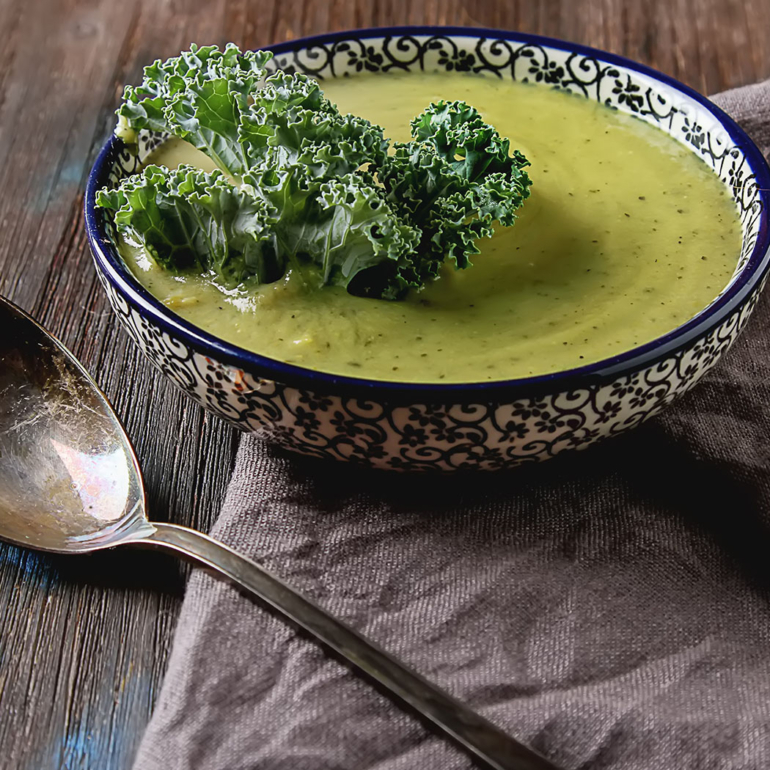 Kale, spinach, edamame and ginger soup