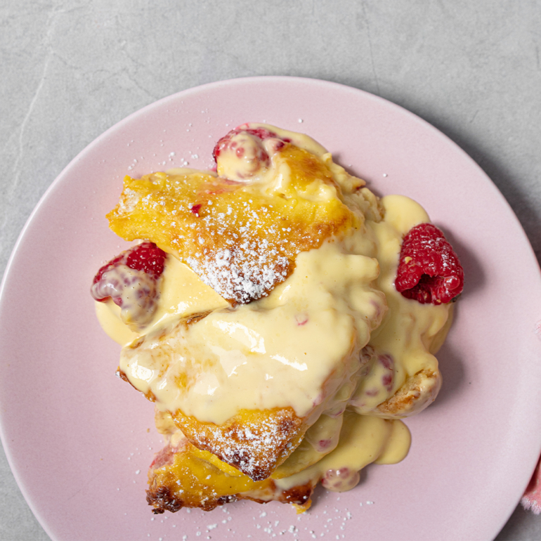 Lemon and raspberry bread & butter pudding