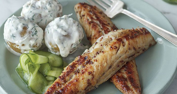Honey-glazed mackerel with picked cucumbers and Danish potatoes