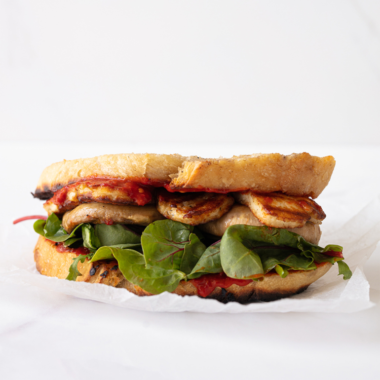 Mushroom and halloumi open-faced sandwich