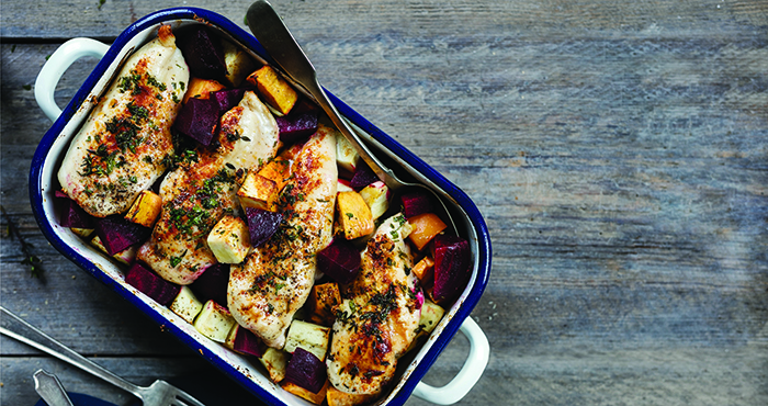 One-pan chicken with honeyed winter veg