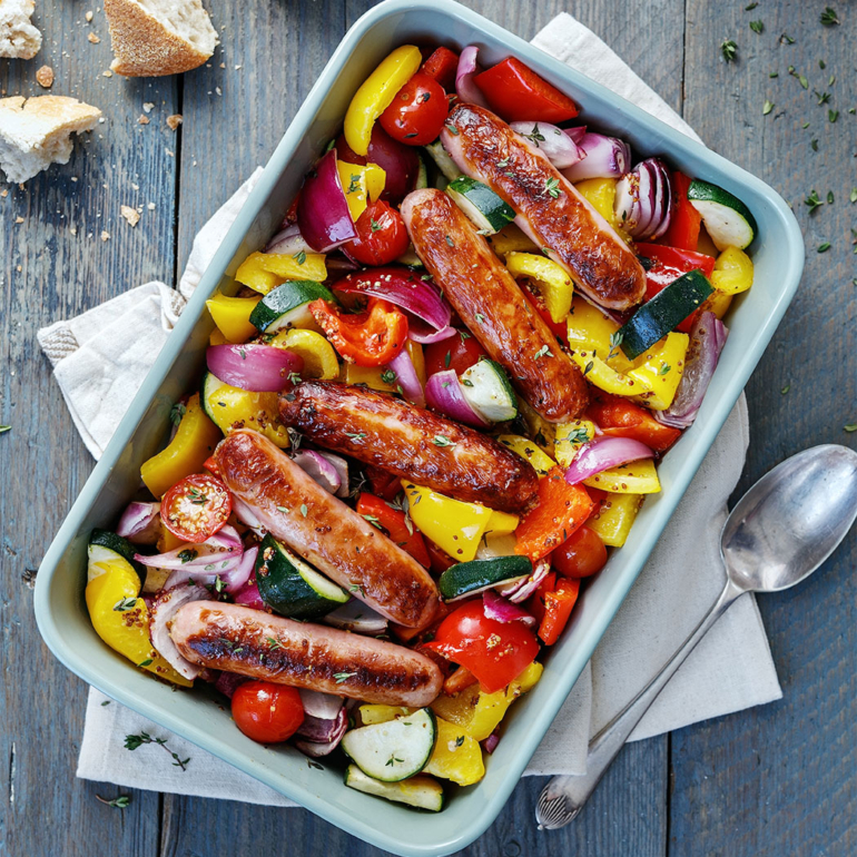 One-pan roasted sausages with summer vegetables