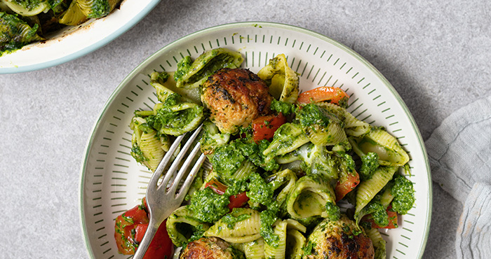 Pesto and turkey meatball pasta bake