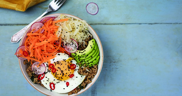 Quinoa egg sauerkraut buddha bowls