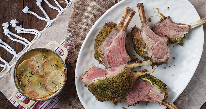 Herbed rack of lamb with pommes Boulangère Easy Food
