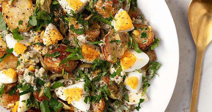 Roasted potato egg salad with pickle dressing