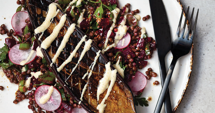 Roasted aubergine with lentil and herb salad