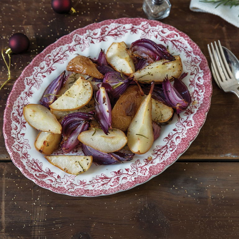 Roasted red onions and pears