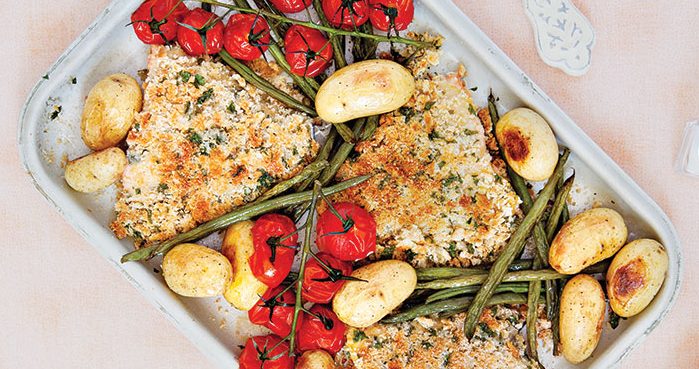 Salmon, potato and vegetable traybake Easy Food
