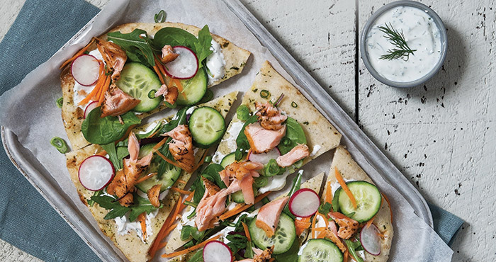 Salmon and vegetable flatbreads | Easy Food