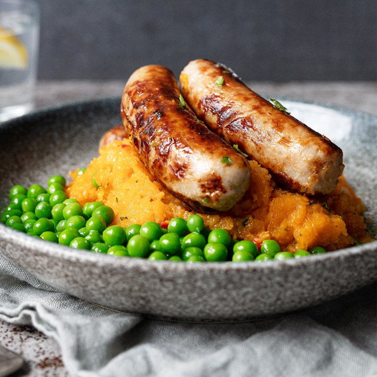 Sausages with chilli and garlic butternut squash