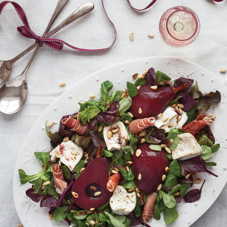 Spiced poached pear, goat’s cheese and prosciutto salad