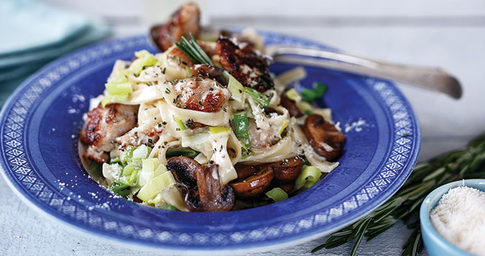 Tagliatelle with sausage, leeks, and rosemary