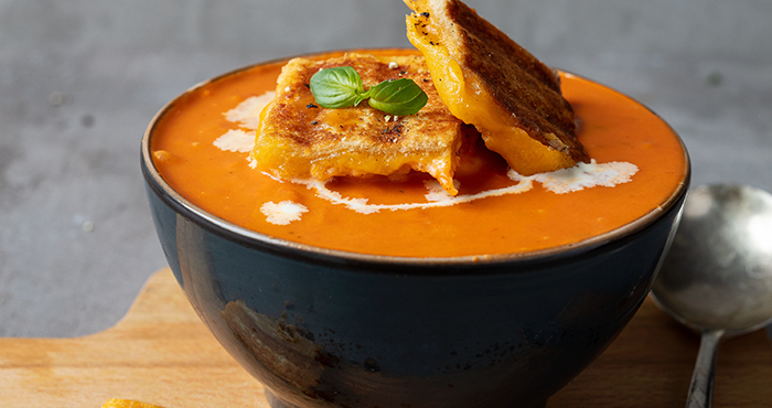 Tomato and basil soup with cheesy croutons